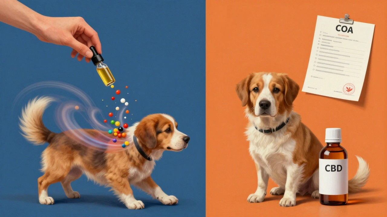 Gespaltenes Bild: Gefährliche Zusätze für Hunde links, sicheres CBD-Öl rechts mit Veterinärzertifikat.