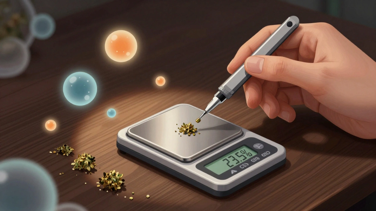 Hand misst eine winzige Menge CBD-Blüten mit einer präzisen digitalen Waage, Laboratmosphäre.