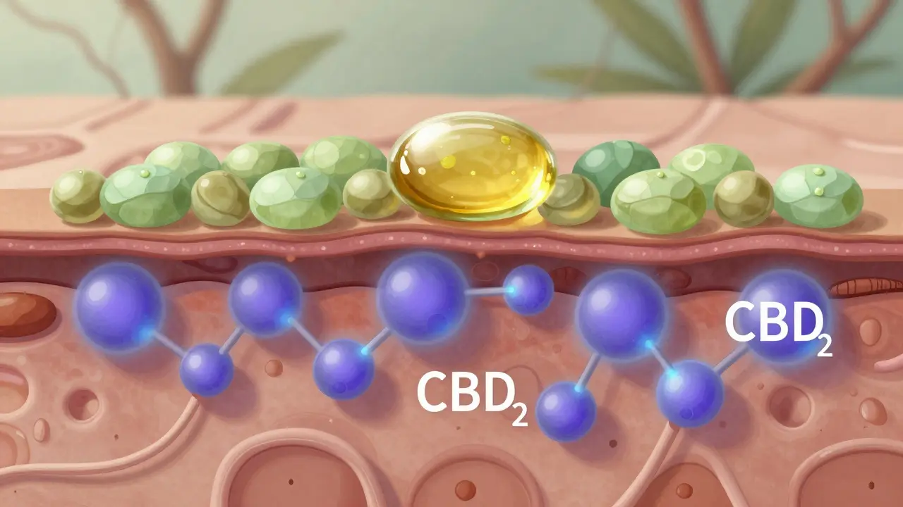 Hautquerschnitt mit Hanföl-Nährstoffen und CBD-Molekülen, die auf Rezeptoren wirken