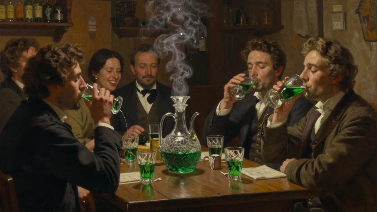 Historische Taverne mit Gästen, die Absinth nach traditioneller Methode trinken, warmes Licht und Kräuterduft.