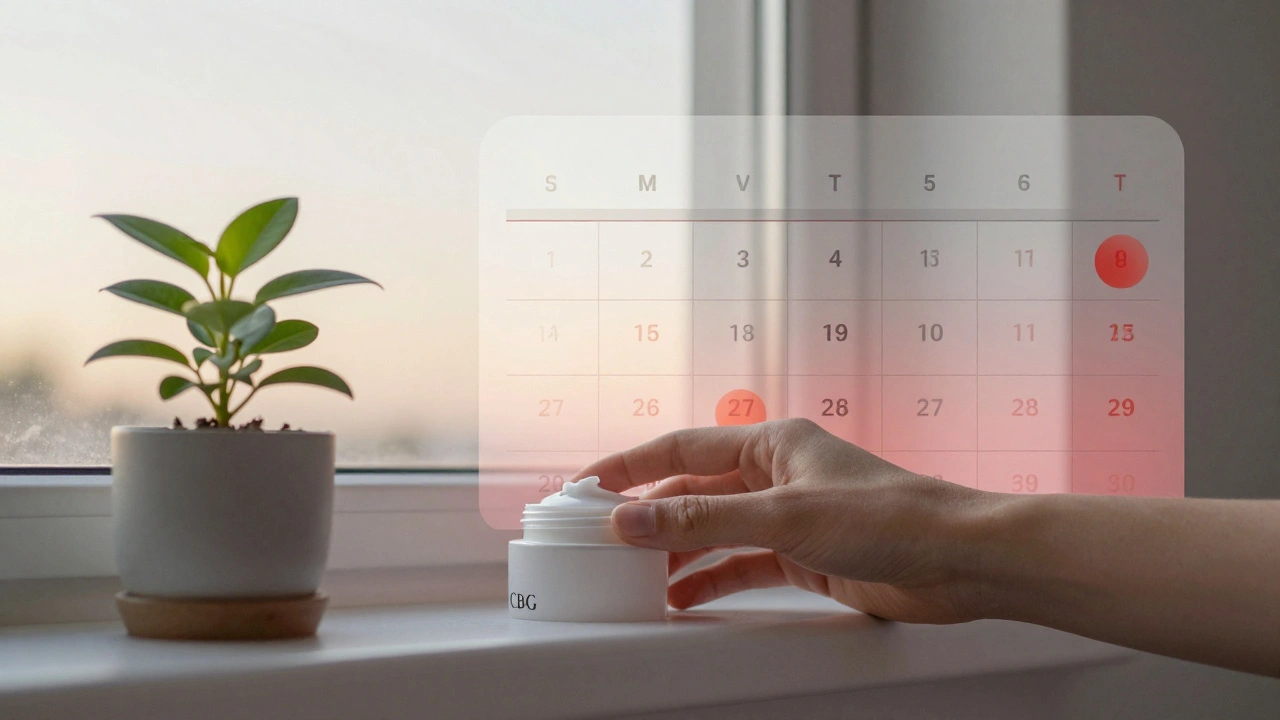 Kalender zeigt 90 Tage Hautpflege mit CBG, Rötungen nehmen langsam ab.