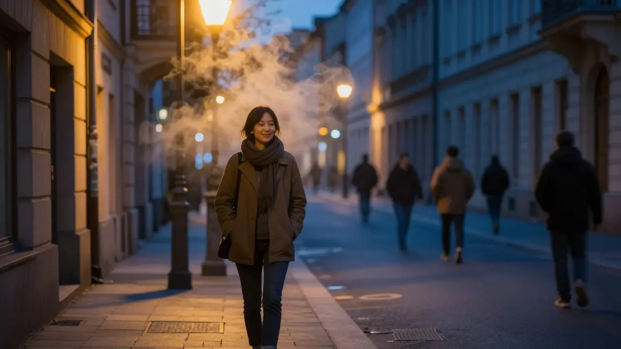 Mensch geht abends durch eine deutsche Straße, von sanftem goldenem Nebel umgeben, Zeichen für die langsame Wirkung von HHC.