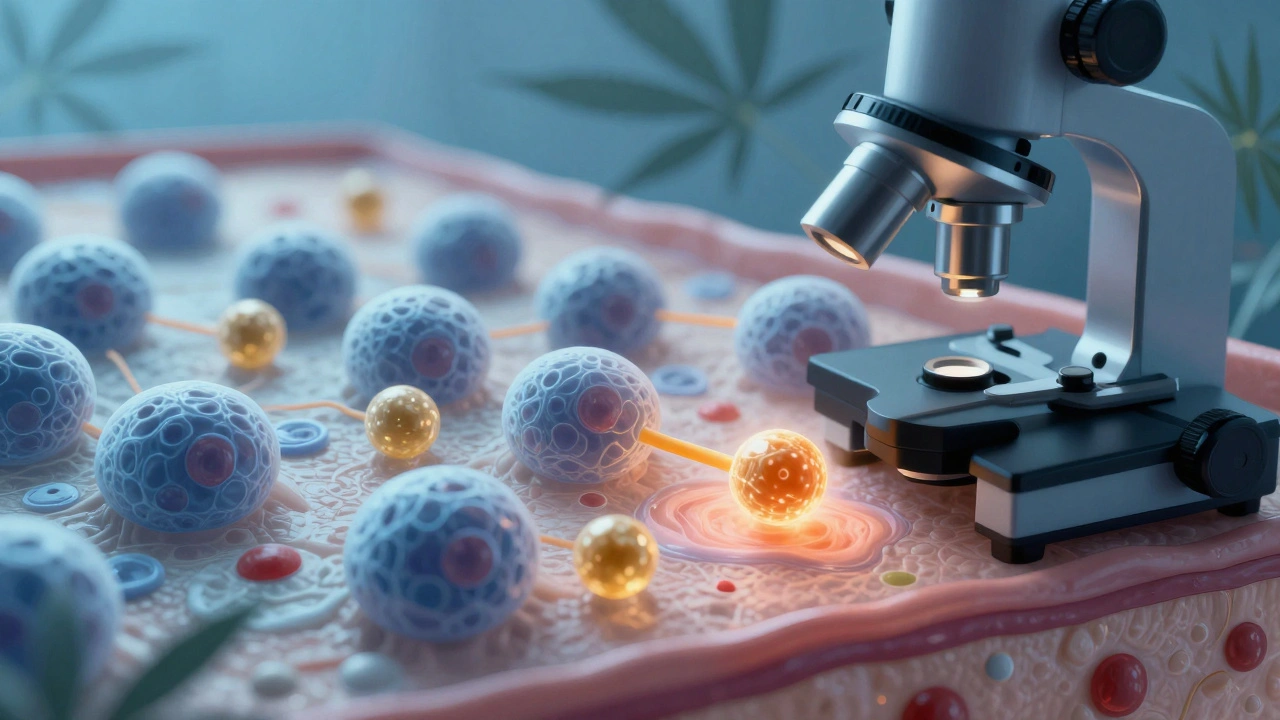 Mikroskopische Ansicht von CBG-Molekülen, die Entzündungen in der Haut beruhigen.