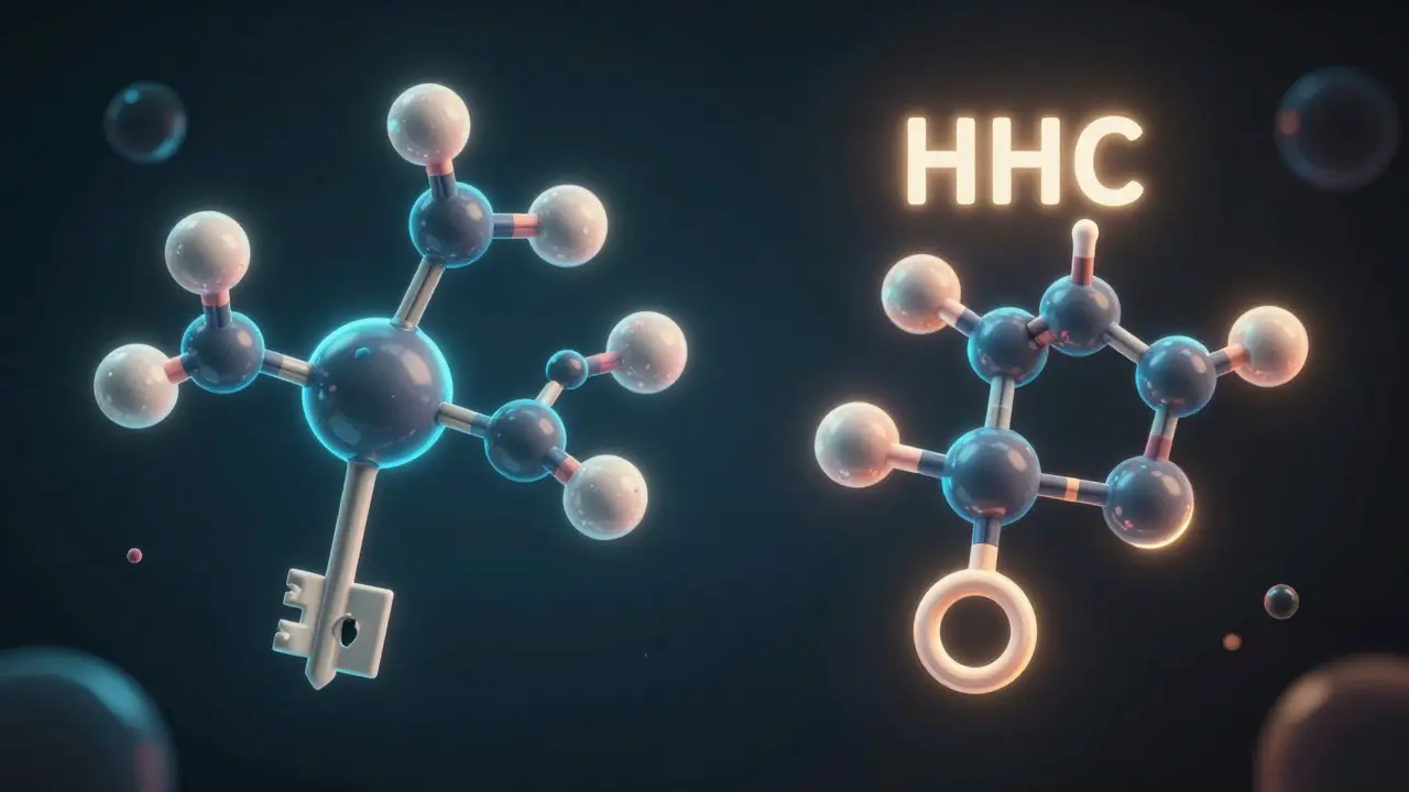 Molekulare Darstellung von HHC und THC, die sich unterschiedlich an Rezeptoren binden, mit leuchtenden Farben und wissenschaftlichem Stil.
