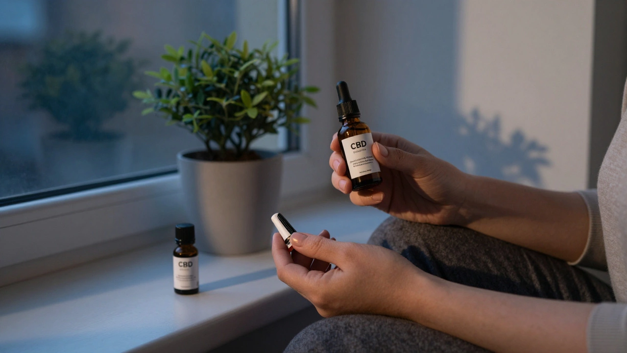 Person hält CBD-Öl und Delta 8-Vial am Abendfenster, ruhige Stimmung, keine Gesichter sichtbar.