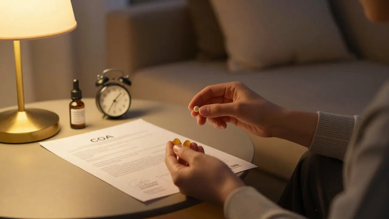 Person hält eine PHC-Kapsel in ruhiger Abendatmosphäre mit Öltropfer und COA-Zertifikat