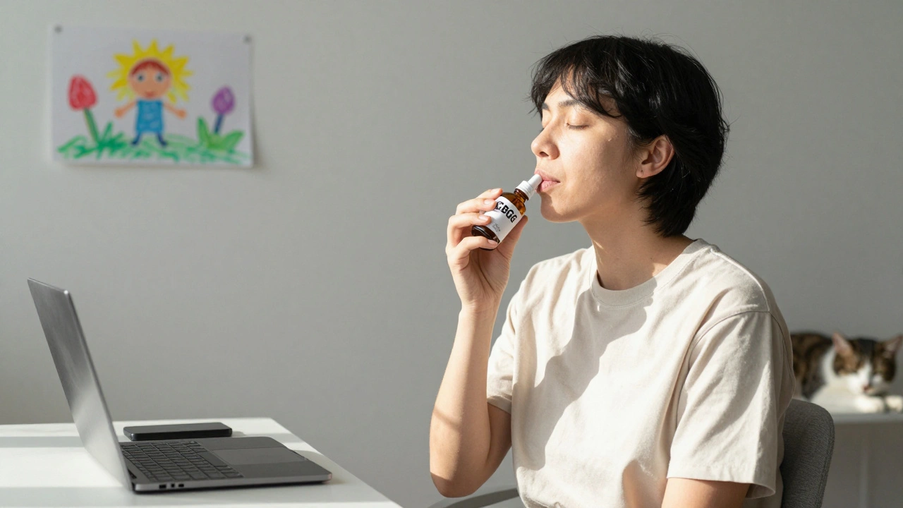 Person nimmt CBG-Öl ein, ruhig und präsent, umgeben von alltäglichen Szenen ohne Rauschzeichen.