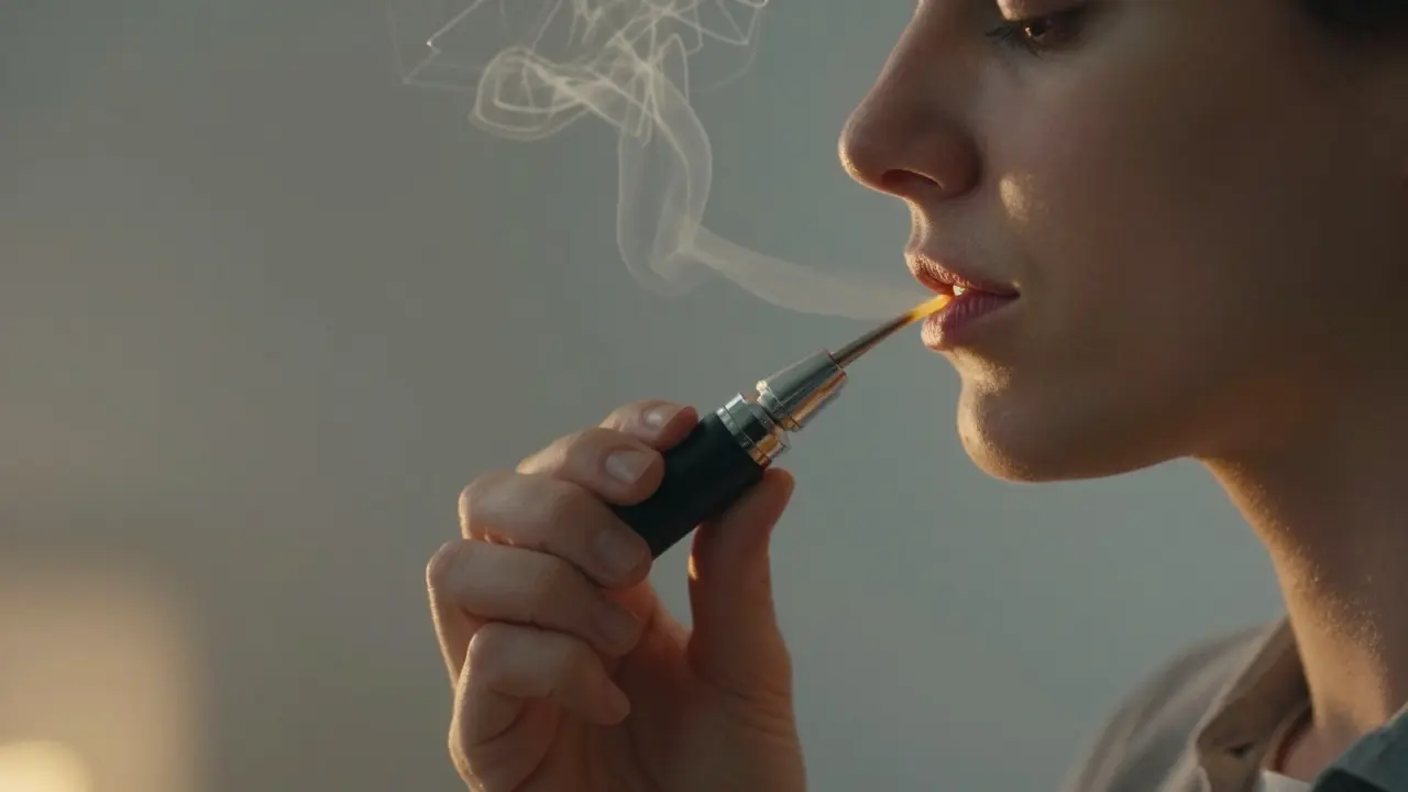 Person nutzt Vaporizer für CBD-Shatter mit sanftem Dampf und ruhigem Gesichtsausdruck