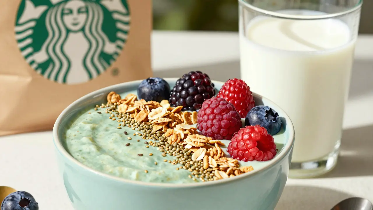 Smoothie-Schüssel mit Hanfsamen und Beeren, daneben Hanf-Milch, natürliches Licht, klare Zutatenliste sichtbar.