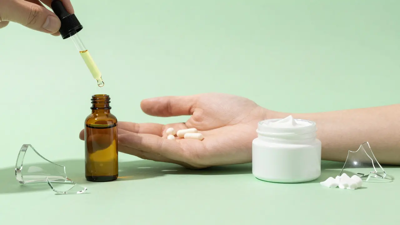 Three safe CBD methods: oil, capsule, cream — beside a discarded dab rig in shadow.