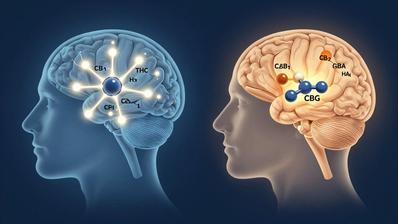 Vergleich der Gehirnrezeptoren: THC aktiviert berauschende CB1-Rezeptoren, CBG wirkt beruhigend ohne sie zu aktivieren.