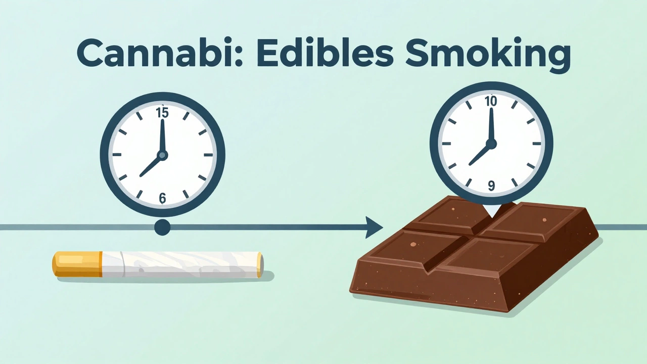 Vergleich der Wirkungszeit von Rauchen und Cannabis-Schokolade als visuelle Timeline.