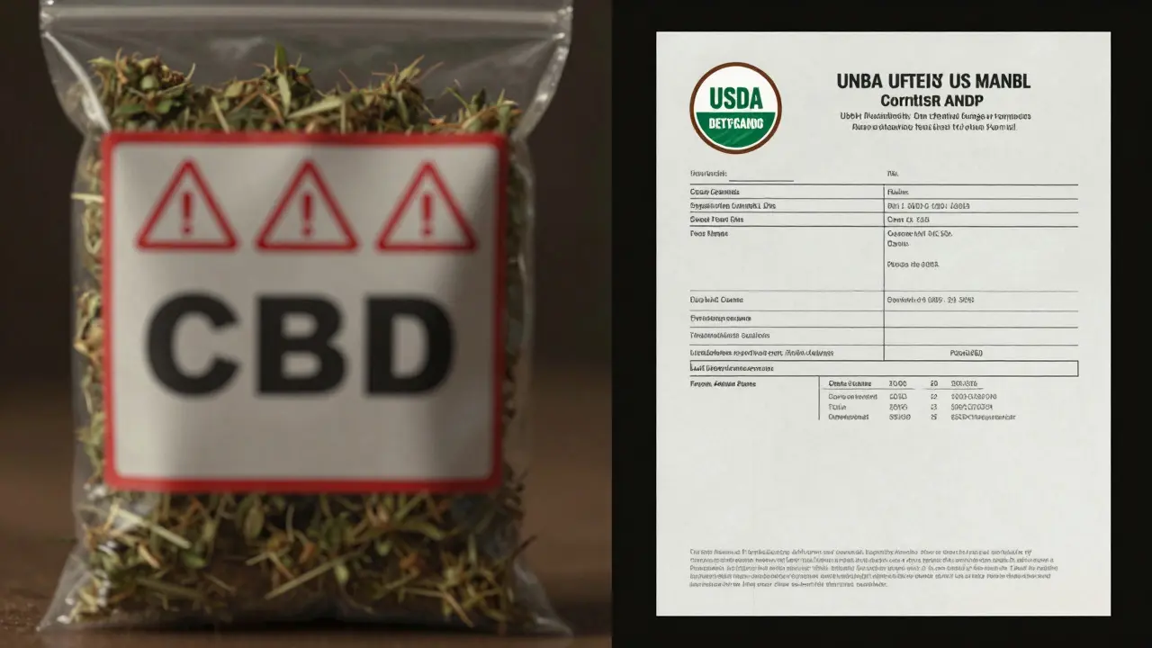 Vergleich: links unsicheres Hanfprodukt mit CBD-Warnung, rechts zertifiziertes, reines Hanfprodukt mit Labortest.