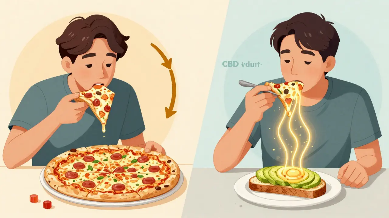 Vergleichsdarstellung: schwere Mahlzeit verzögert CBD-Wirkung vs. gesunde Nahrung unterstützt sie.