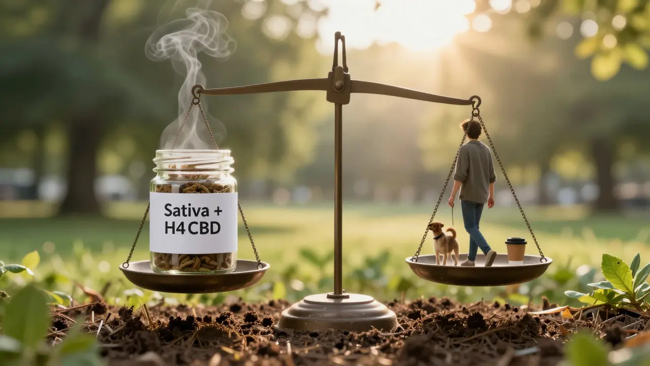 Waage mit H4CBD-Vape auf einer Seite, Natur und Bewegung auf der anderen.