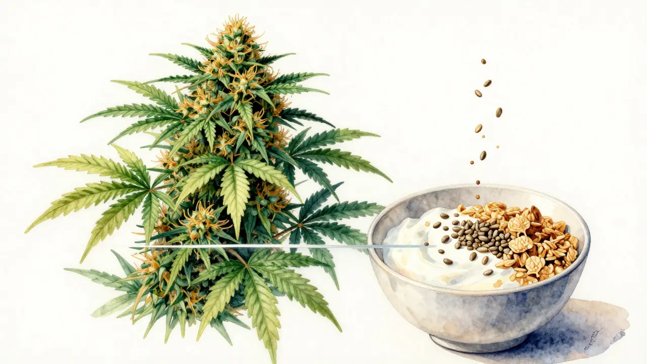 Wasserfarbene Darstellung einer Cannabis-Pflanze mit Samen in einer Schale.