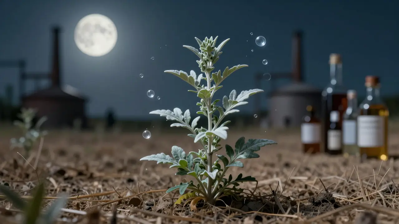 Wermutpflanze unter Mondlicht mit schematischen Molekülen von Thujon und Alkohol, symbolisch für Wahrheit über Mythos.