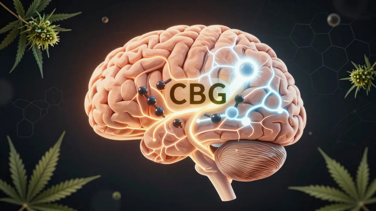 Abstrakte Darstellung eines Gehirns mit CBD- und CBG-Molekülen, die neuronale Prozesse beeinflussen.
