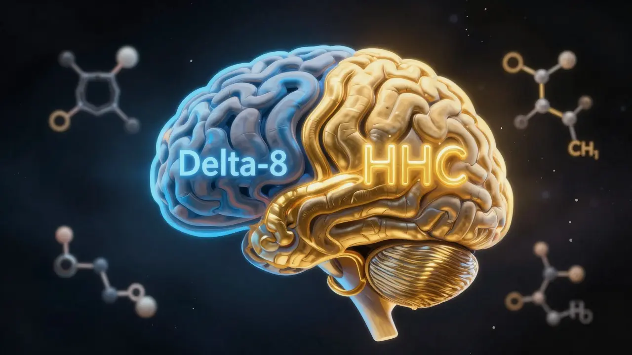 Abstrakte Darstellung eines Gehirns mit glowenden Wegen für Delta-8 und HHC.