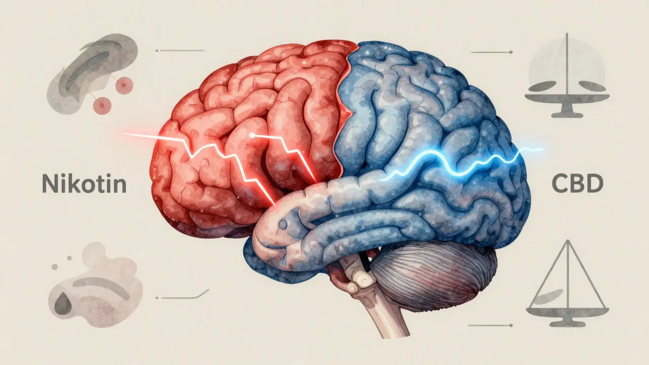 Abstrakte Darstellung eines Gehirns mit kontrastierenden Wegen für Nikotin und CBD in rot und blau.