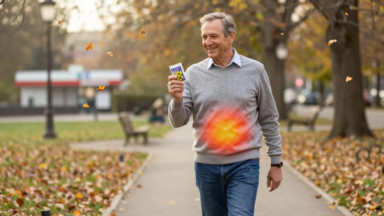Älterer Mann spaziert entspannt im Park, hält eine CBD-Kaukugel, ohne Hilfsmittel, mit sanftem Wärmemuster auf dem Rücken.