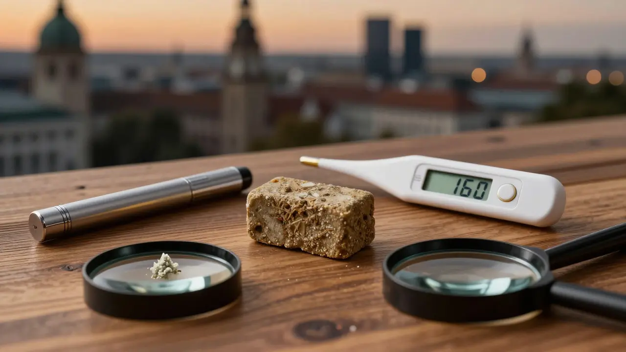 Ein CBD-Hash-Block auf Holz mit Thermometer und Vaporizer, CBD-Kristalle unter der Lupe sichtbar, Leipziger Stadtlandschaft im Hintergrund.