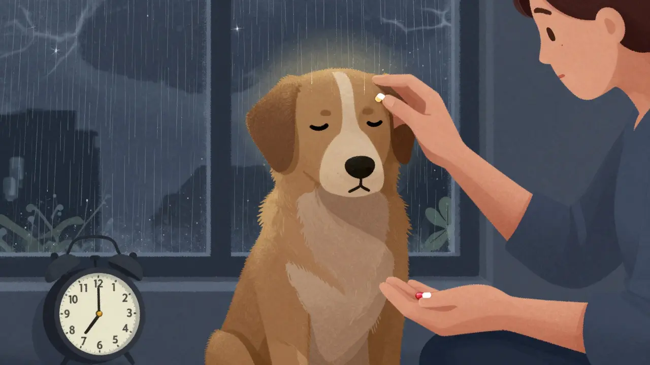 Ein Hund bleibt ruhig während eines Gewitters, während seine Besitzerin eine Melatonin-Kapsel vorbereitet.