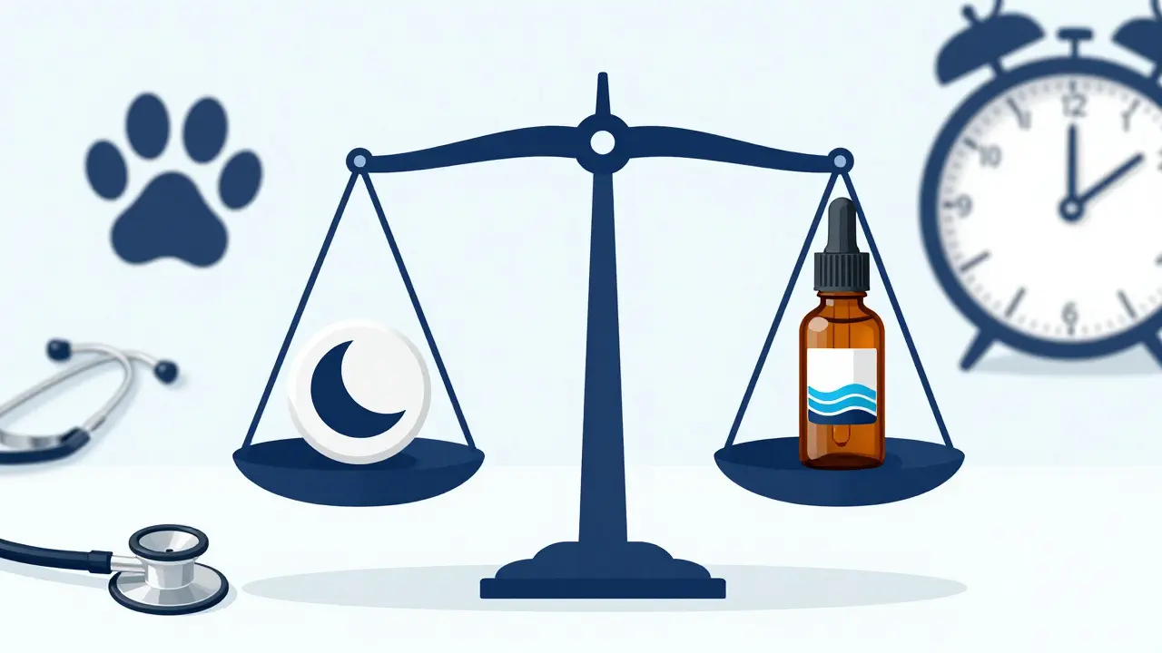 Eine Waage vergleicht Melatonin und CBD für Hunde, umrahmt von medizinischen Symbolen.