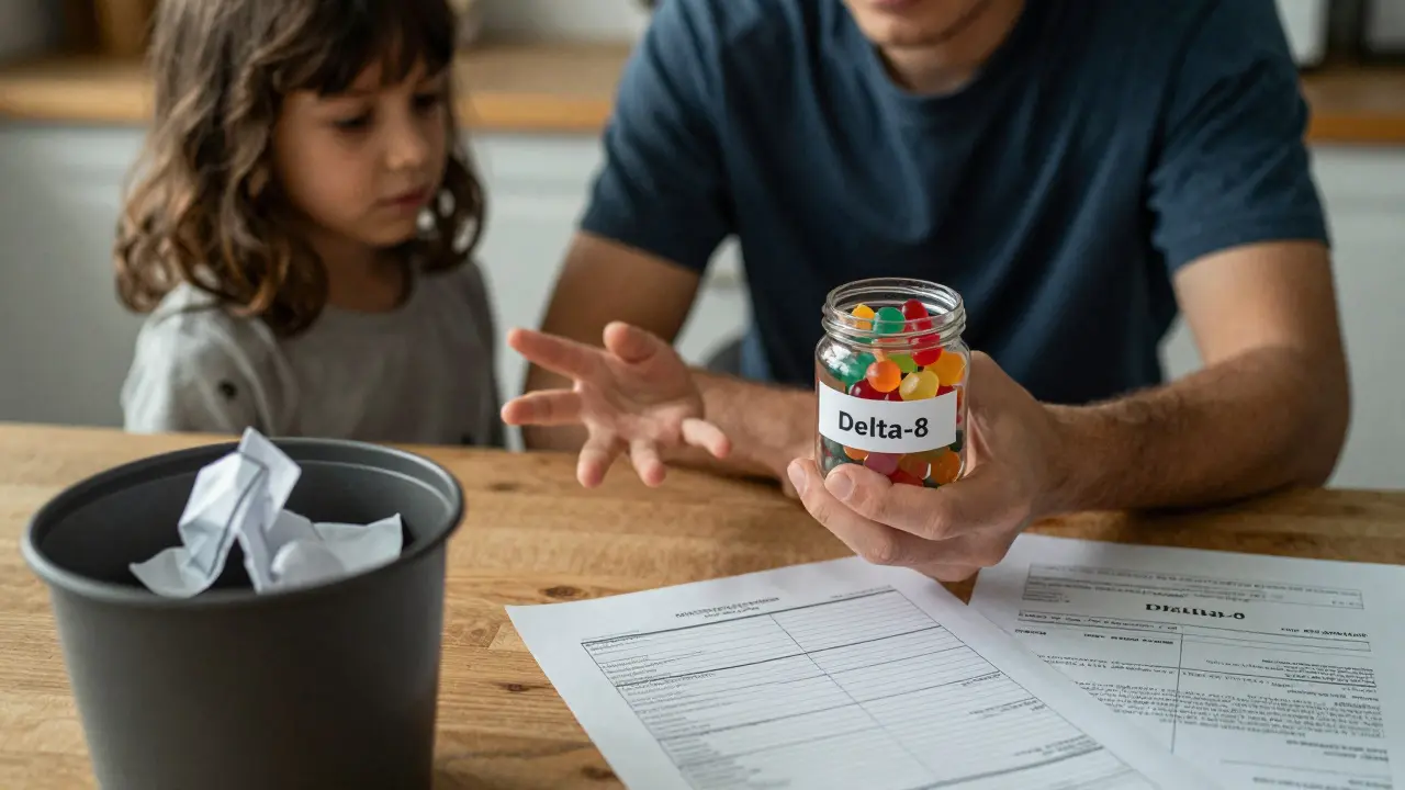 Erwachsener hält Delta-8-Gummibärchen, während ein Kind danach greift.