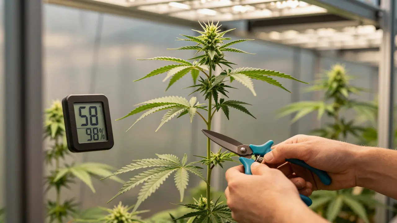 Gärtner schneidet untere Äste einer Cannabispflanze mit sterilisierten Scheren.