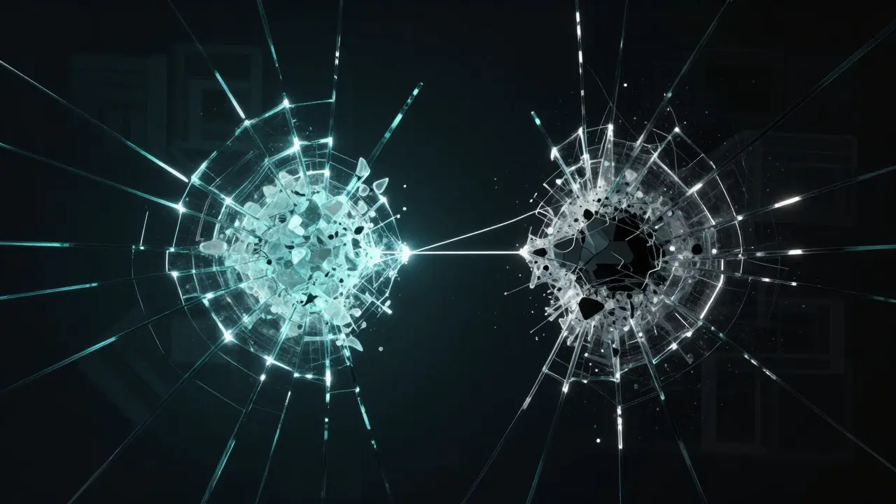 Gebrochene Glasscheibe: eine Hälfte ruhig blau-grün, die andere chaotisch dunkel, Symbol für Ausgleich