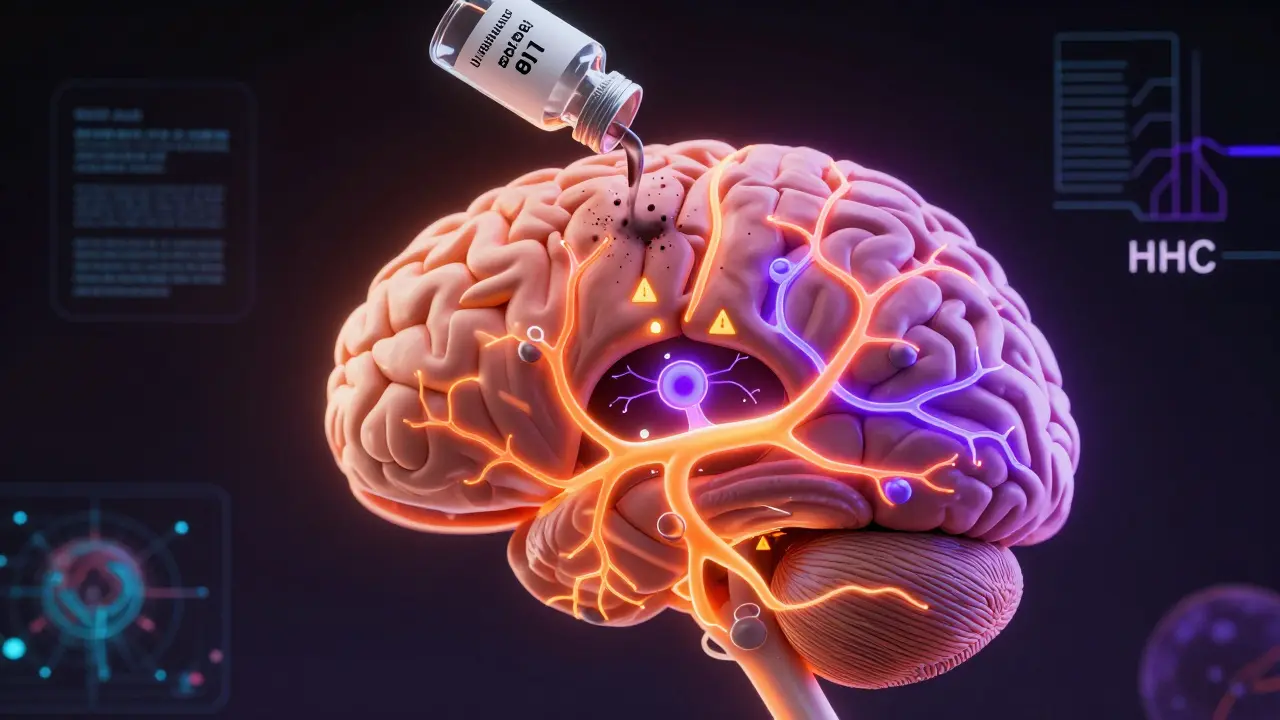 Gehirn mit beleuchteten Nervenverbindungen, die Delta-8 und HHC-Wirkungen zeigen.