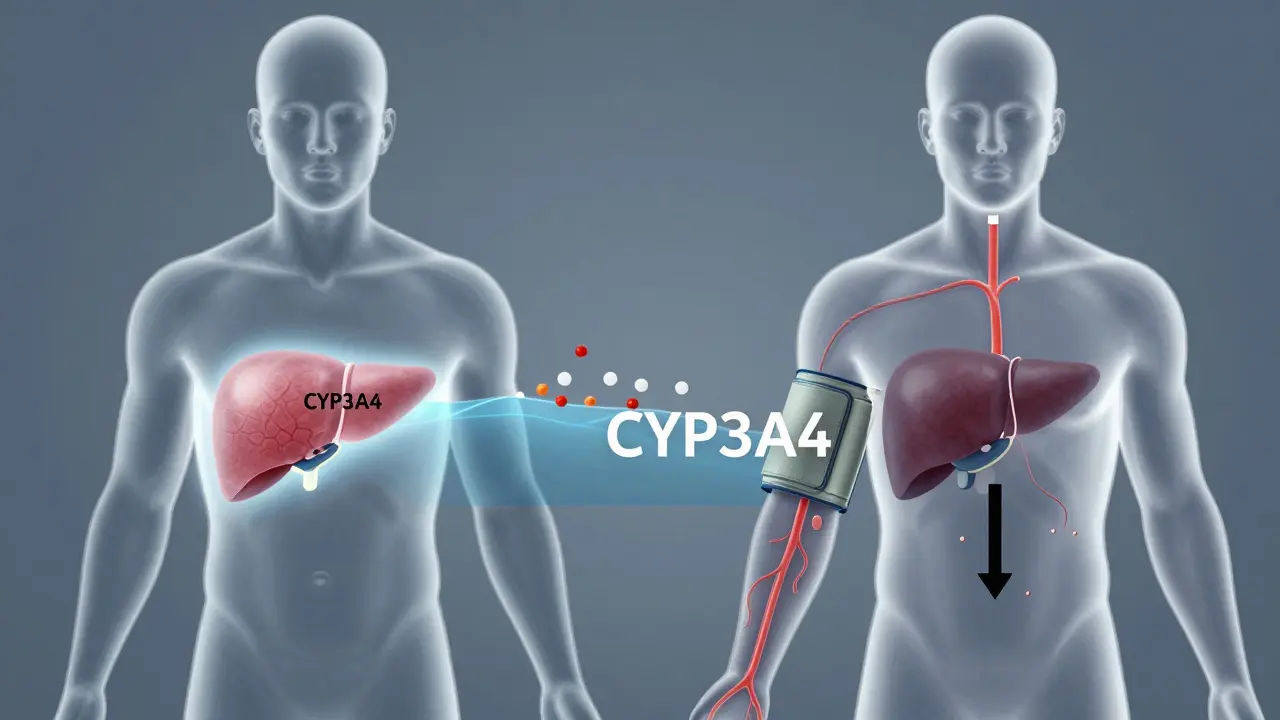 Illustration zeigt, wie CBD das Leberenzym CYP3A4 blockiert und Blutdruckmedikamente im Körper anreichert.