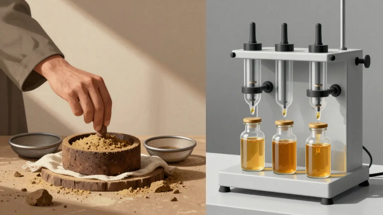 Kontrast zwischen traditionellem Hash-Machen in Marokko und moderner, steril produzierter CBD-Extraktion in Deutschland.