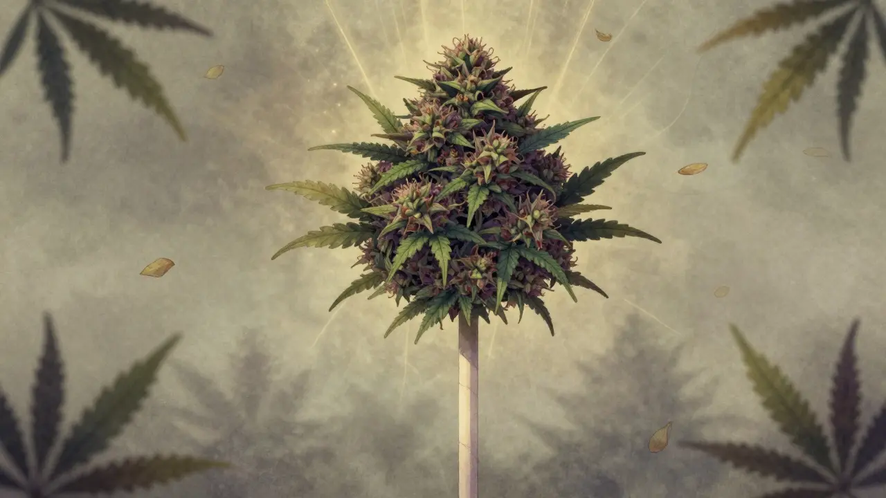 Künstlerische Darstellung einer Cannabispflanze wie ein Lutscher mit blühender Krone und freiem Stamm.