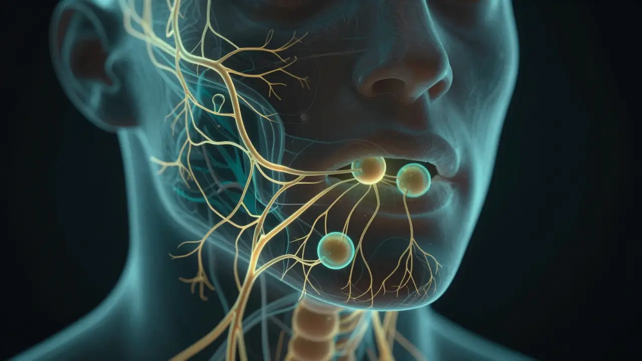 Künstlerische Darstellung, wie CBD-Moleküle über die Mundschleimhaut in das Endocannabinoid-System des Körpers eindringen.