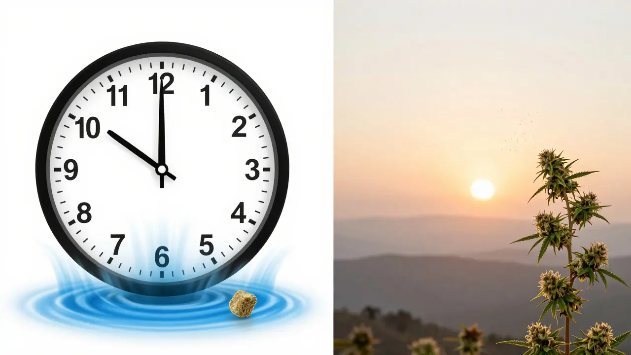 Links: schnelle Wirkung durch Hash, rechts: langsame Wirkung durch Blüten, symbolisch dargestellt.