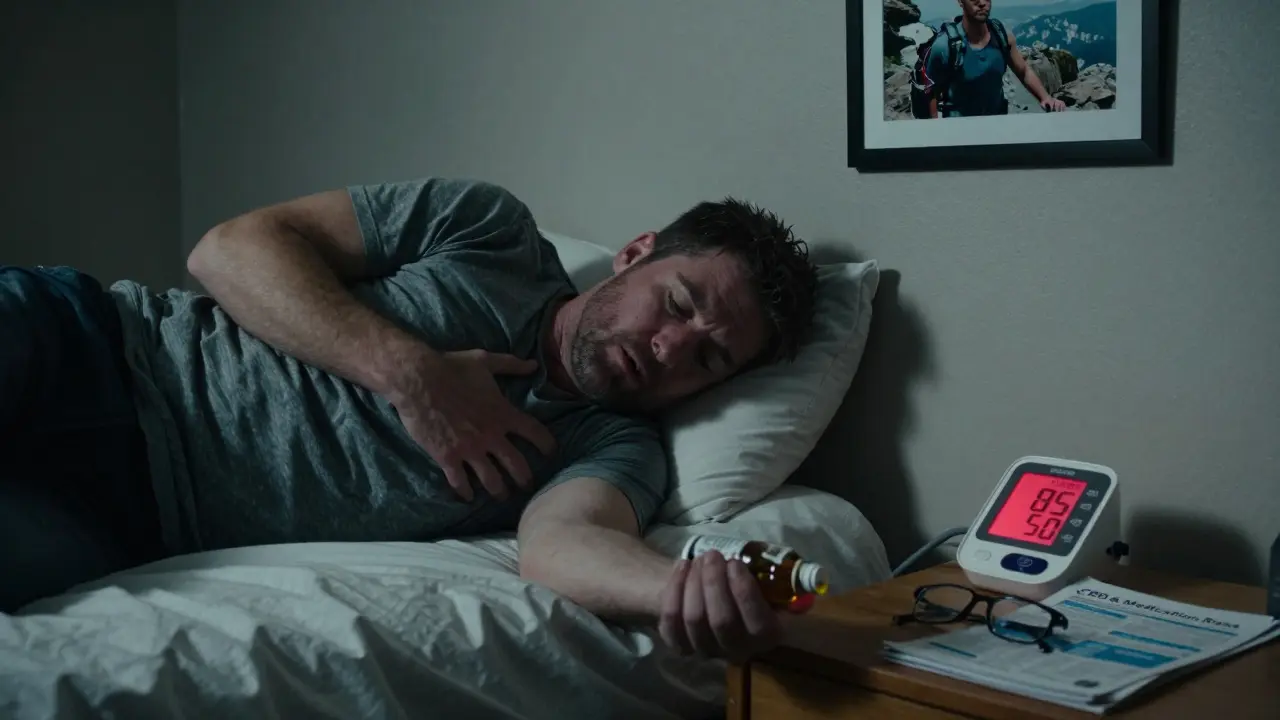 Mann stürzt neben dem Bett, CBD-Flasche verschüttet, Blutdruckmessgerät zeigt kritisch niedrigen Wert.