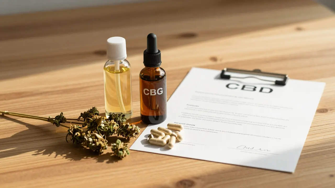 Natürliche Cannabinoide CBD, CBG und CBN in Glasgefäßen neben getrockneten Hanfblüten.