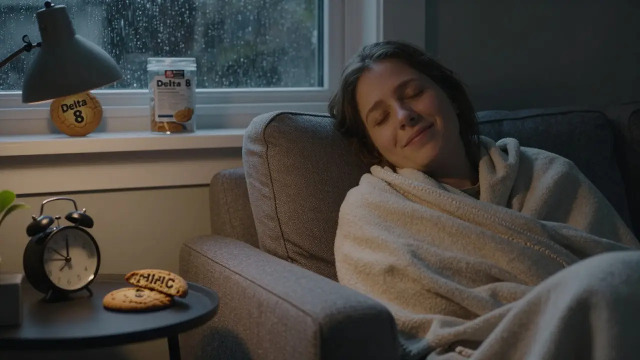 Person auf der Couch, entspannt, HHC-Cookie auf dem Tisch, Uhr zeigt 3 Stunden, Regen am Fenster.