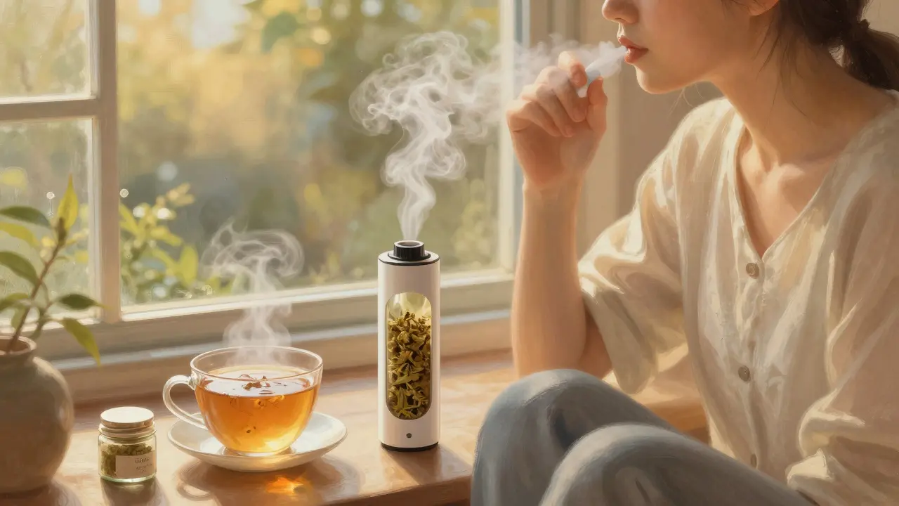 Person dampft CBD-Blüten am Morgen, Tee und CBD-Hash daneben, sanftes Licht.