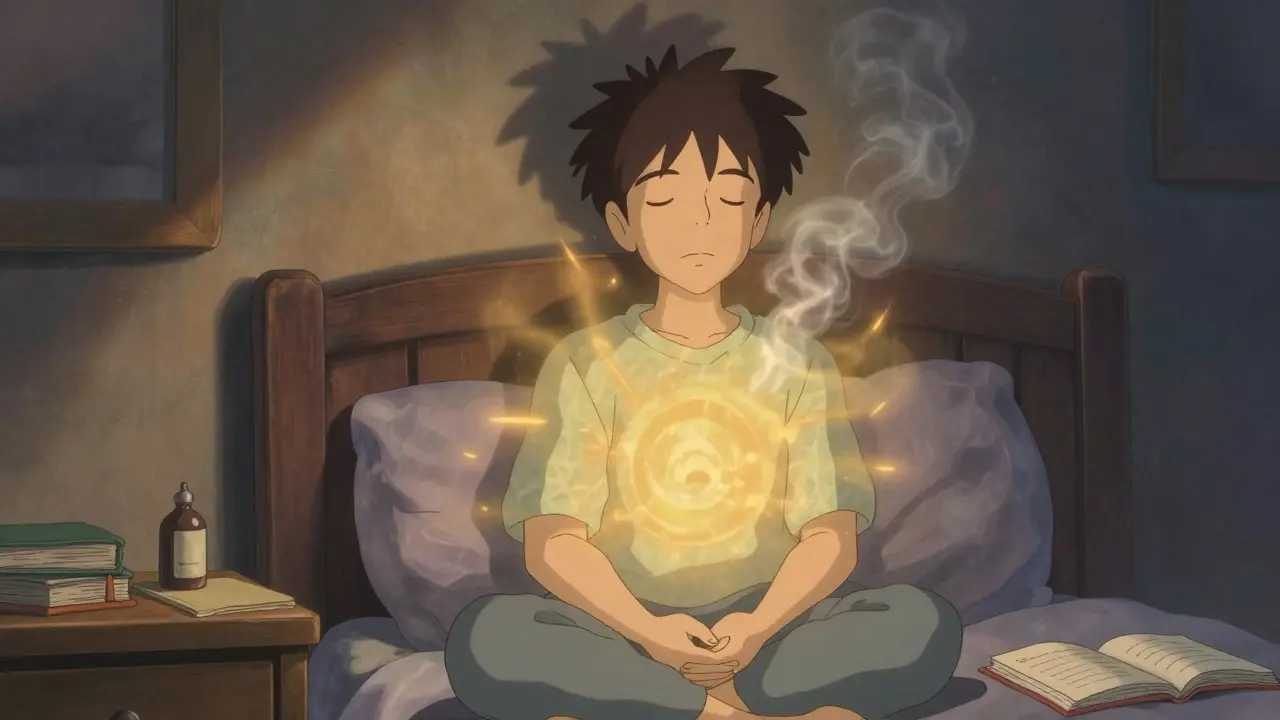 Person in ruhiger Abendstimmung, entspannt und atemend, umgeben von beruhigender Energie