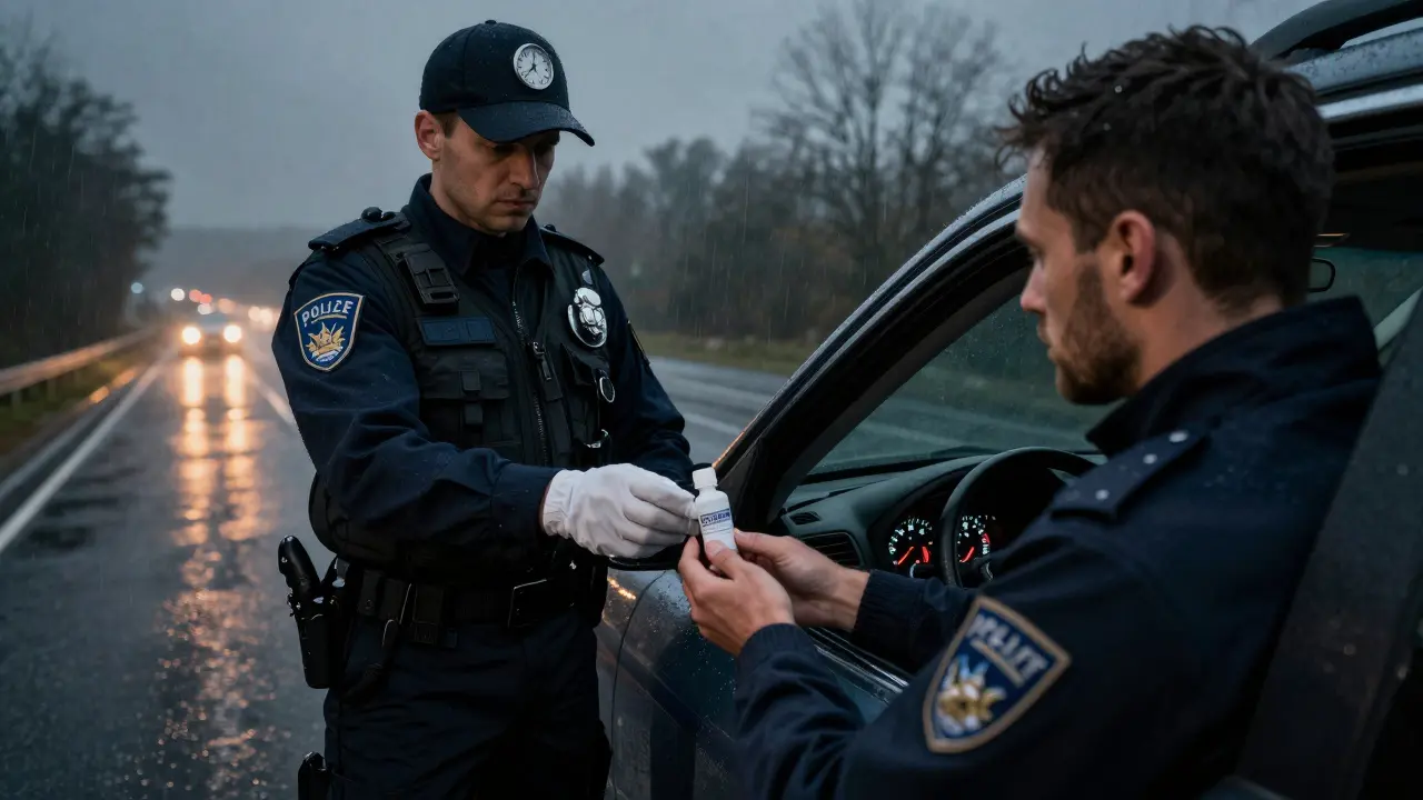 Polizei führt eine Straßenkontrolle durch, Fahrer reicht eine Urinprobe für einen Drogentest.