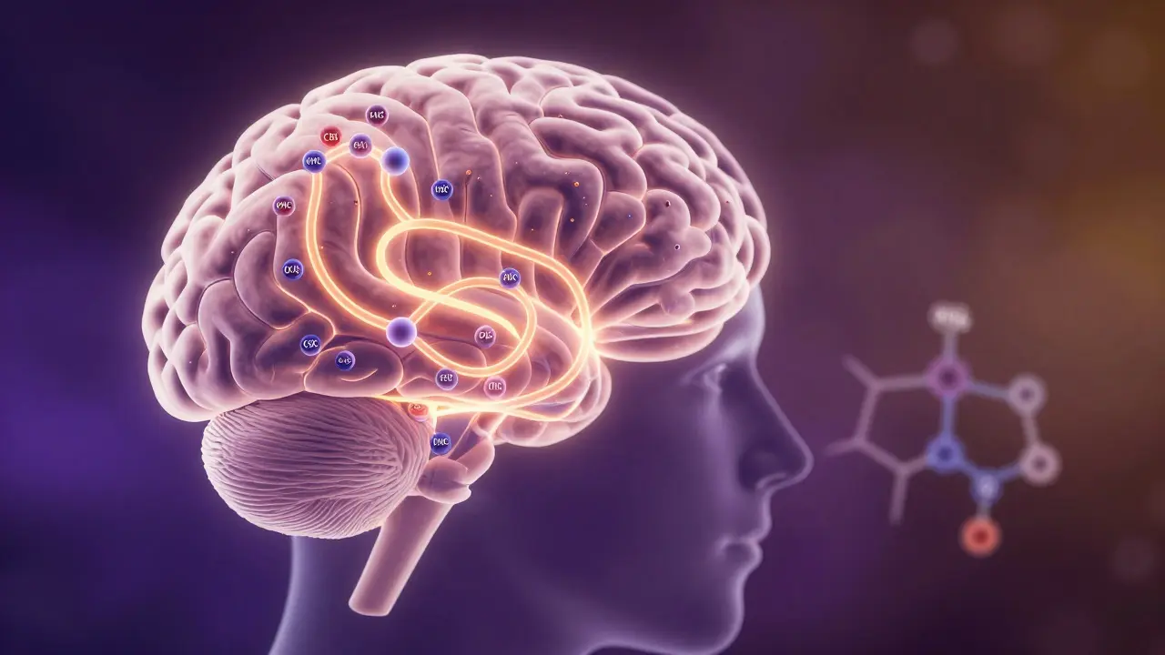 Silhouette eines Menschen im Gehirn, HHC-Moleküle binden stark, Delta 8 schwächer, surreale wissenschaftliche Darstellung.