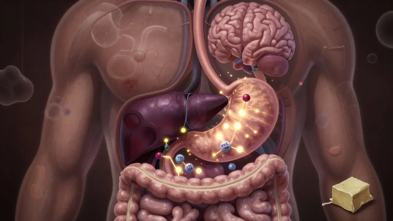 Stilisierte Darstellung der Umwandlung von THC in 11-Hydroxy-THC in Leber und Gehirn.