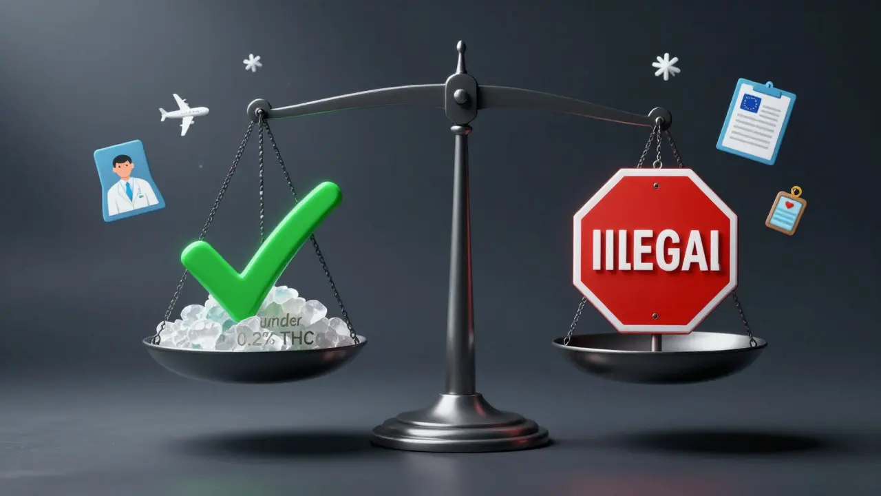 Waage mit legalen CBD-Kristallen auf einer Seite und verbotenen Substanzen auf der anderen.