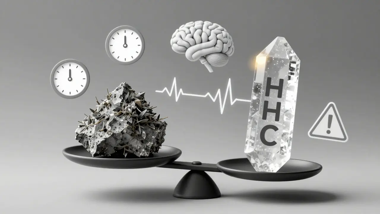 Waage mit THC und HHC, umgeben von Symbolen für Dauer, Klarheit und Rechtsgrauzone.