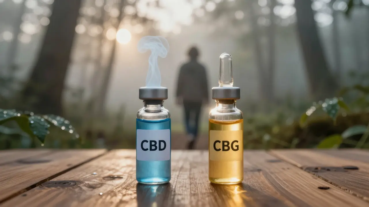 Zwei CBD- und CBG-Flaschen neben einem Menschen, der in einem nebligen Wald bei Sonnenaufgang geht.