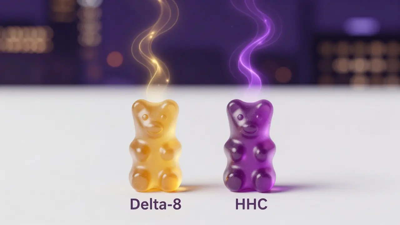 Zwei leuchtende Gummibärchen mit Delta-8 und HHC auf weißem Hintergrund.