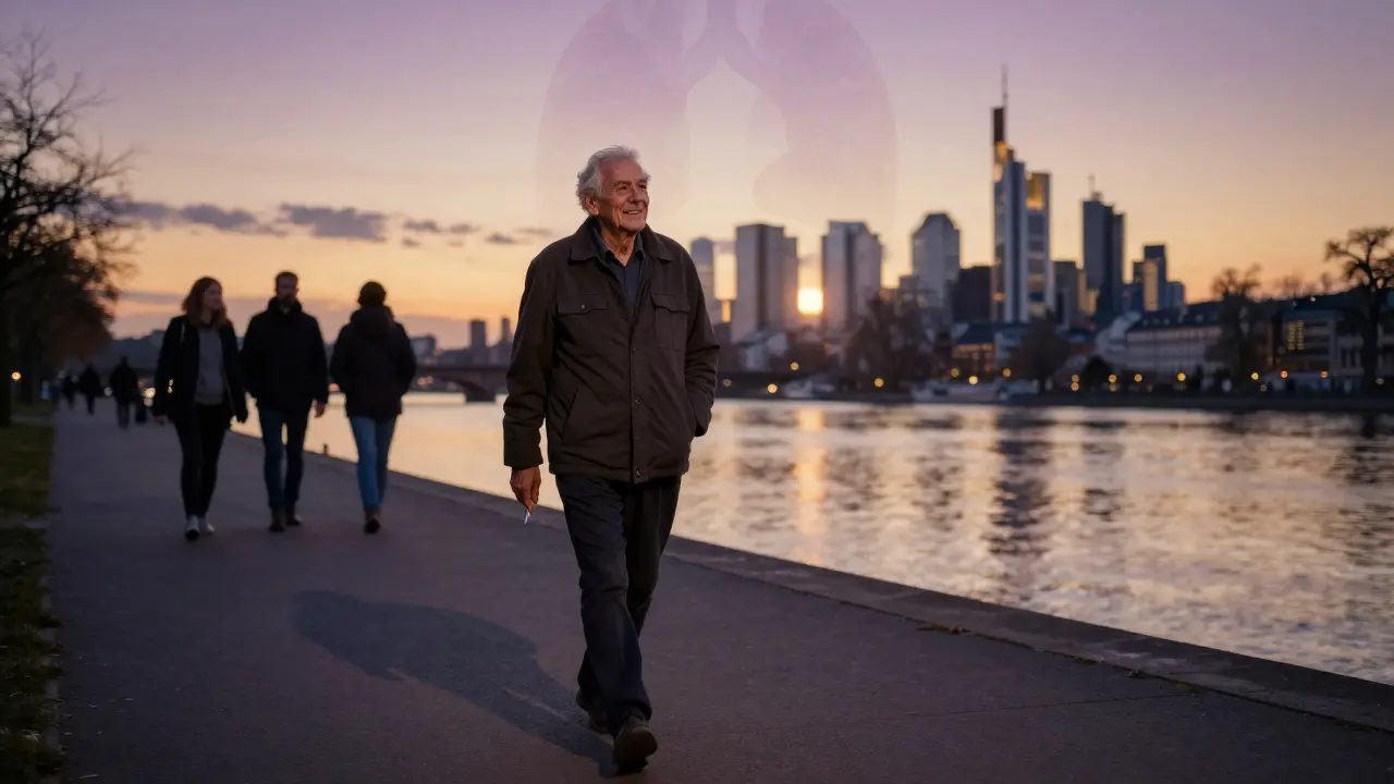 Älterer Mann spaziert am Mainufer, atmet frei, Sonnenuntergang und sanfte Lichtreflexe umgeben ihn.